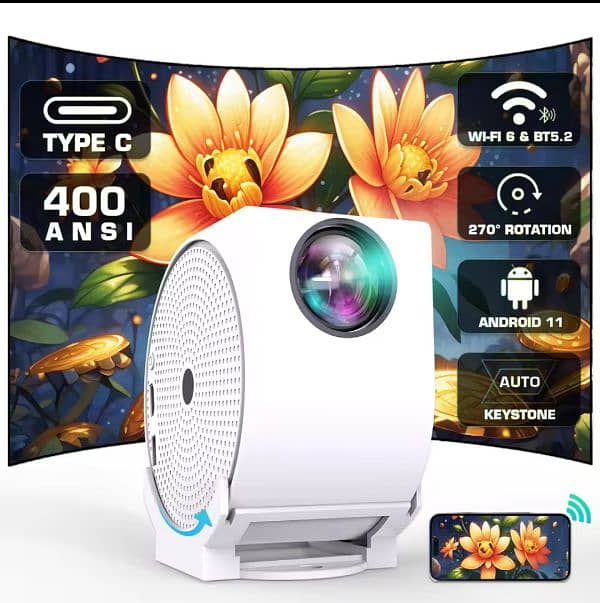 TYPE C 4K 400ANSI Mini Projector with WIFI and Bluetooth,BT5.2 4K  vid 0