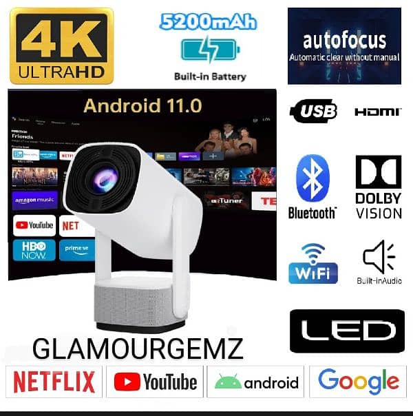 K2 Projector Built-in Battery Android-11 Triple LED Auto Focus & Keyst 0