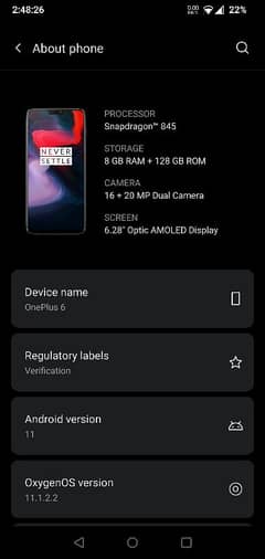 One Plus 6 8GB 128 Storage Non PTA