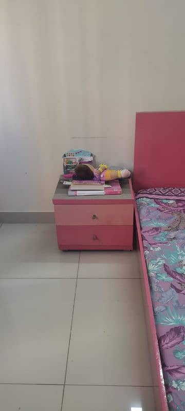 Bed with mattress,1 side table, 1 dressing table, 1 cupboard 3