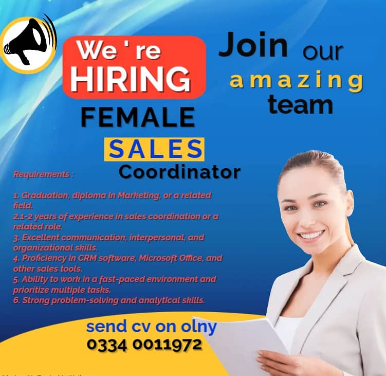 Required female Sales Coordinator | Jobs | Urgently 0