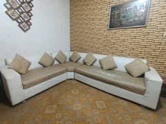 White and Golden L-Shaped 7 seater Sofa for Sale