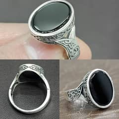 Turkish greek pattern menz natural black Aqeeq sterling silver ring