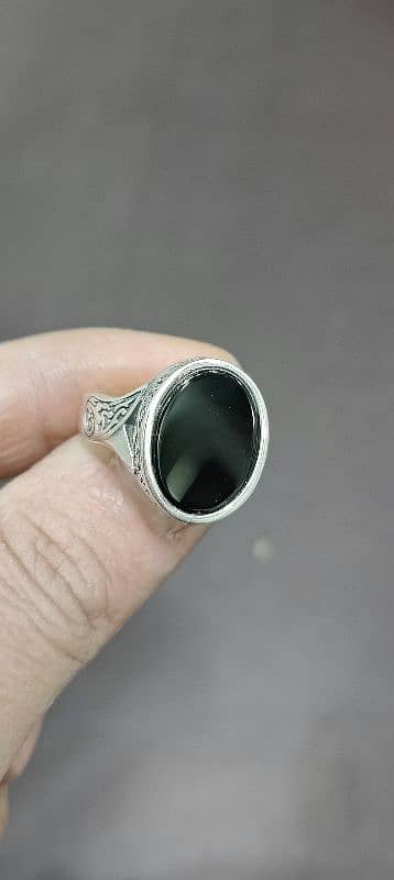 Turkish greek pattern menz natural black Aqeeq sterling silver ring 1