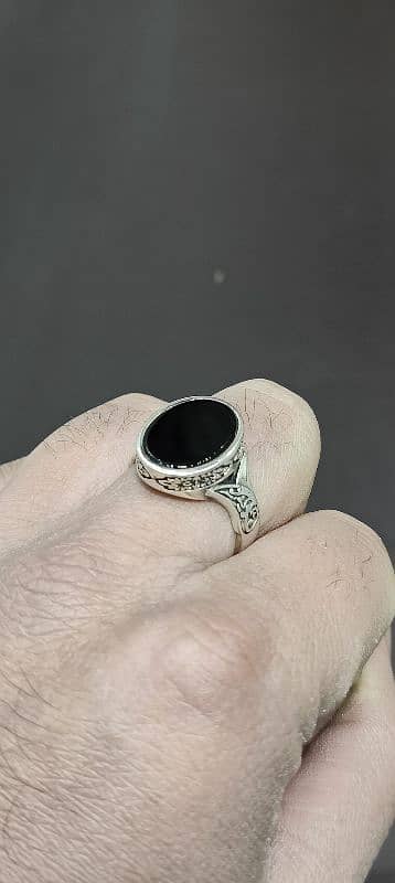 Turkish greek pattern menz natural black Aqeeq sterling silver ring 2