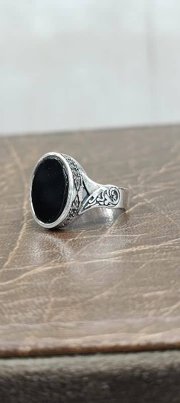 Turkish greek pattern menz natural black Aqeeq sterling silver ring 3