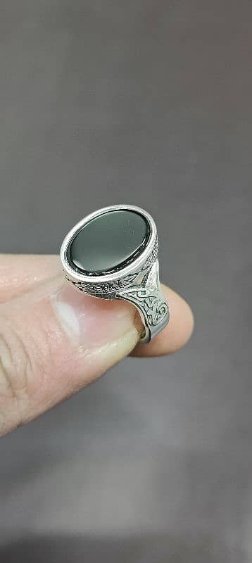 Turkish greek pattern menz natural black Aqeeq sterling silver ring 5