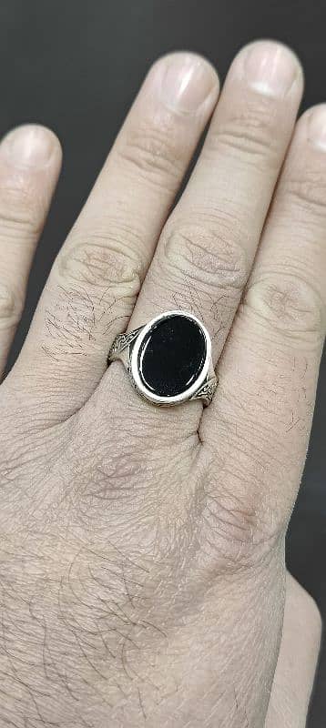 Turkish greek pattern menz natural black Aqeeq sterling silver ring 6