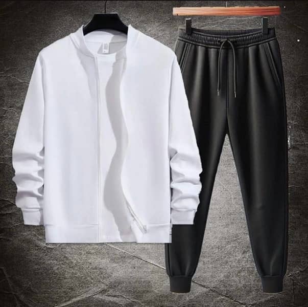 Men’s Fleece Zipper Track Suit 2 Pcs in Classic White 0