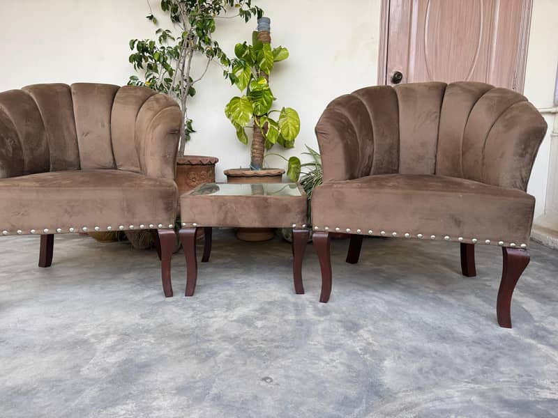 For Sale: Elegant Velvet Accent Chairs with Matching Glass-Top Table 0