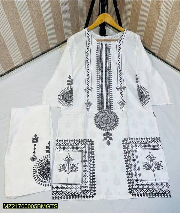 2 Pcs Women's Stitched Linen Block Printed Suit 2