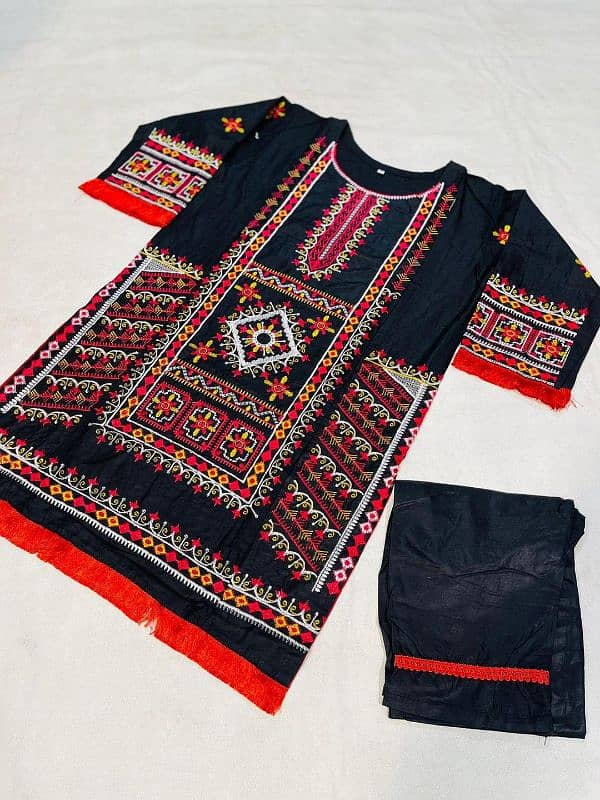 2 Pcs Women's Stitched Cotton Embroidered Shirt And Trouser 2