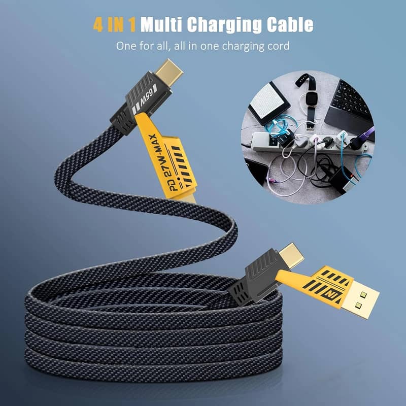 65W/27W 4-in-1Alloy Flat Braided Charging Cable [Fast Charging & Data 3