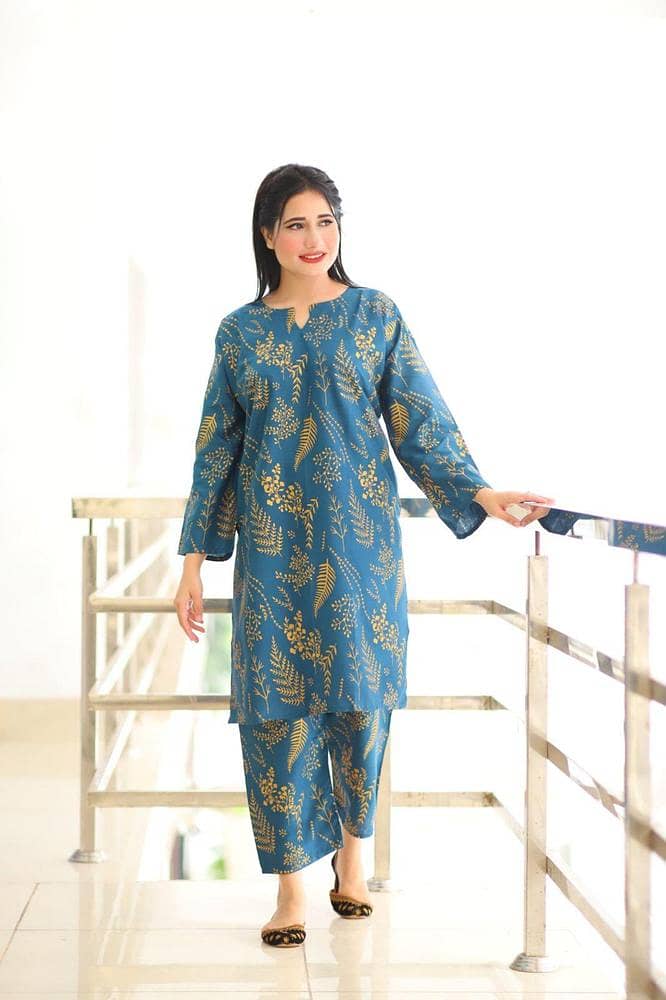 2 Pcs Women's Stitched Linen Printed Shirt And Trouser 0