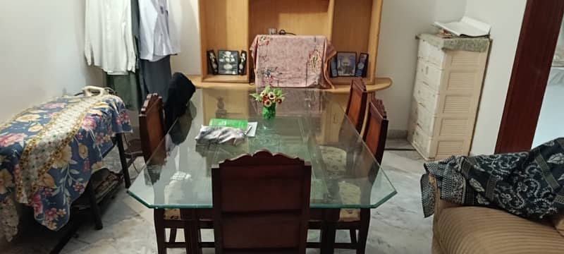 Dining Table with Glass Top with six wooden chairs 1