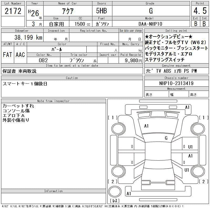 Toyota Aqua 2014/2017  |4.5 Grade| 0