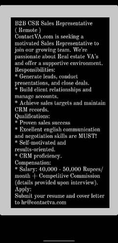 B2B CSR Sales Representative ( Remote )