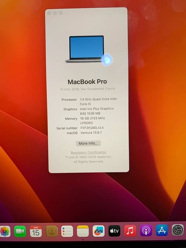 Mackbook pro 2019 13 inches i5 16Rm 256ssd Touchbar 13