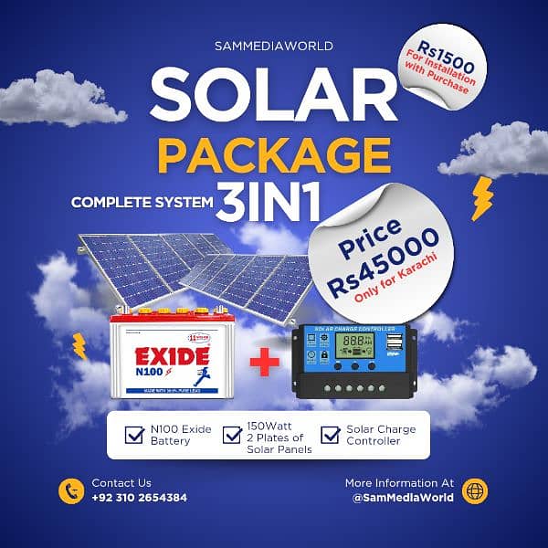 SOLAR PACKAGE 3-IN-1 – Only Rs 45000 Battery & 2Plates & Controller 0