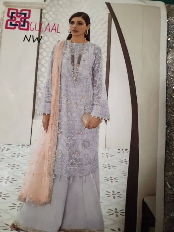 Luxury Grey Embroidered Unstitched Dress with Sleeves & Peach Dupatta 12