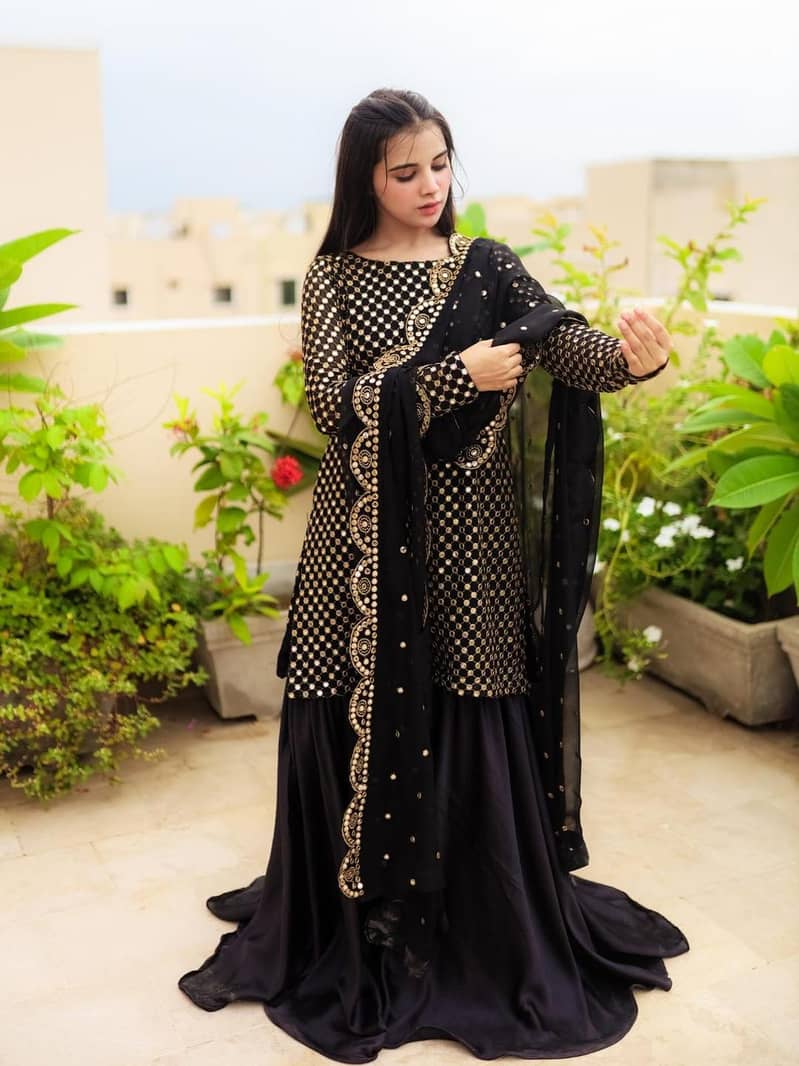 *3 pcs stitched Stunning Black Chiffon Sequins Embroidered Gharara su 3