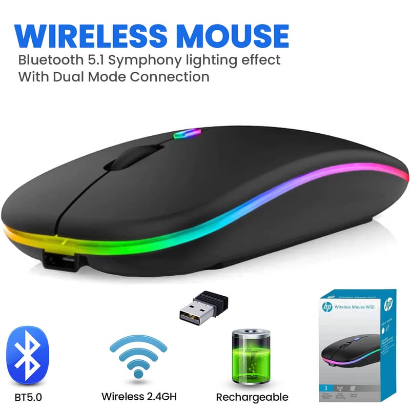 Hp W10 Wireless Rgb Bluetooth, Wireless, Rechargeable Slim Mouse 0