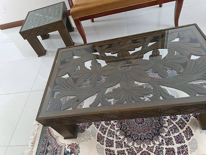 beautiful carved center table and two side tables 0