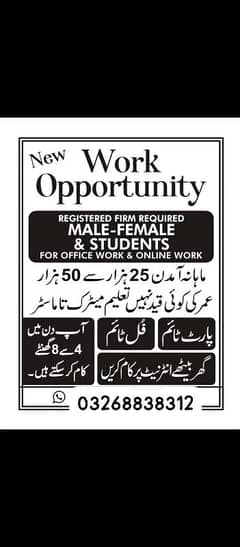 MALE FEMALE AND STUDENTS REQUIRED ONLINE WORK office base nd home base