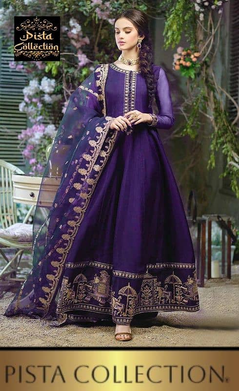 3 pcs women's  chiffon maxi suit with embroidered dupatta and trouser. 0