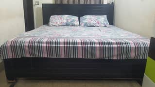 Queen Size Wooden Bed, Mattress foam, Side Tables, Wardrobe, Showcase