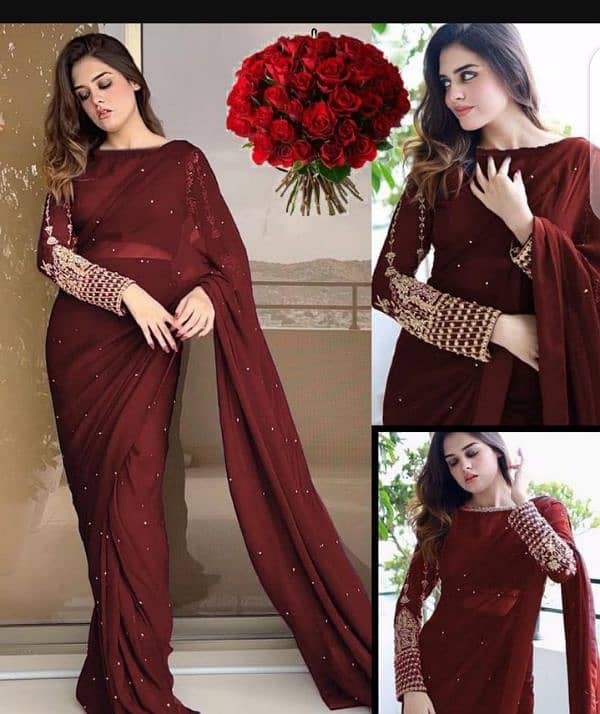 1pc women's chiffon Embroidered stitched saree 0