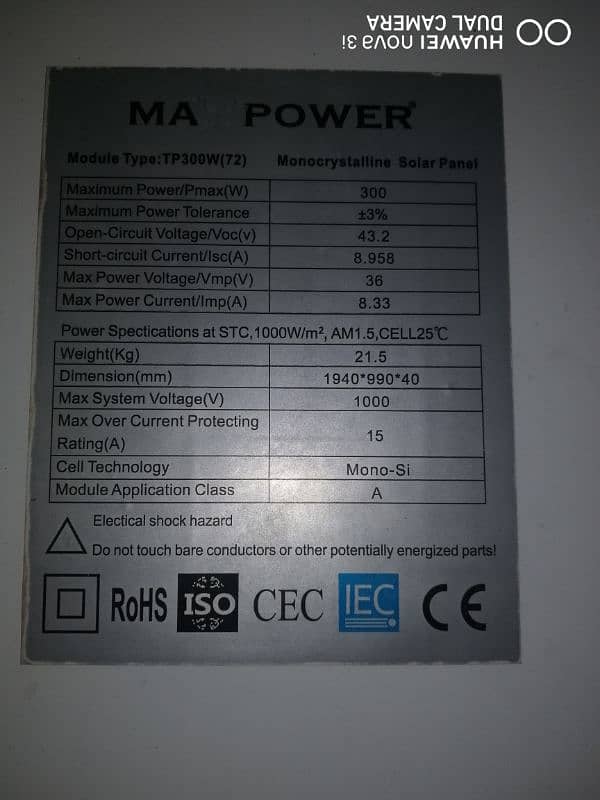 Max power solar plate 300 watts only 6 months used. 1