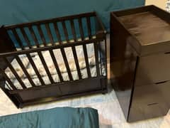 Baby Cot with Chester Drawer + Mattress + Bedsheet & Quilt