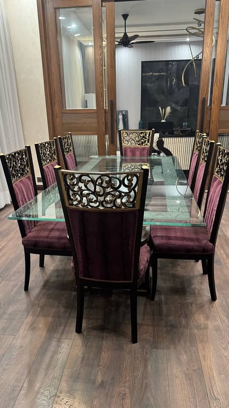 Glass table  wooden stylish 8 maroon chairs-"Elegant Glass Table Set 6