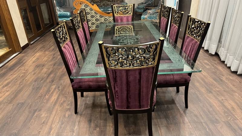 Glass table  wooden stylish 8 maroon chairs-"Elegant Glass Table Set 7