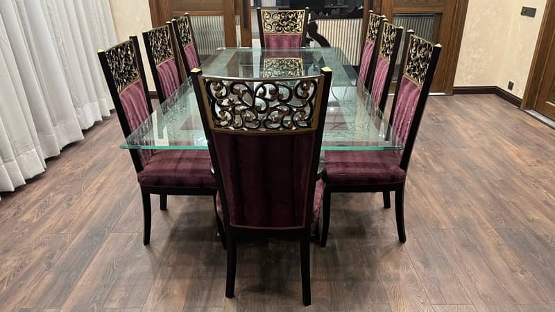 Glass table  wooden stylish 8 maroon chairs-"Elegant Glass Table Set 8