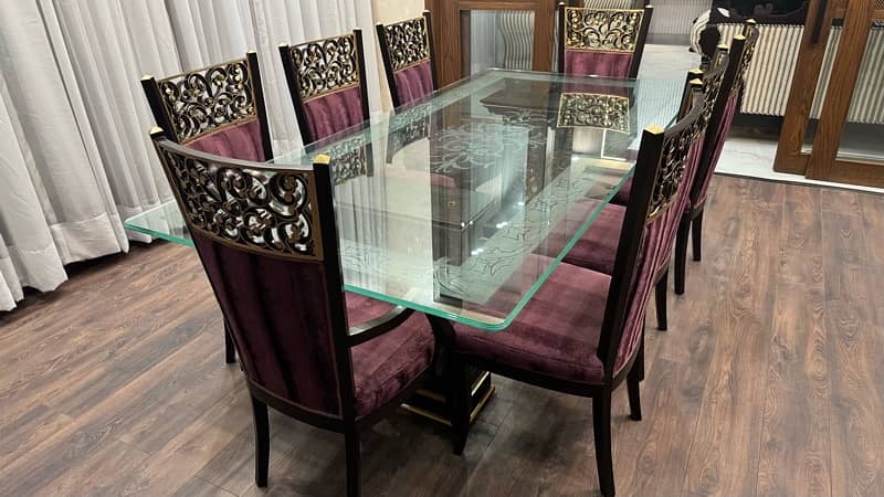 Glass table  wooden stylish 8 maroon chairs-"Elegant Glass Table Set 9