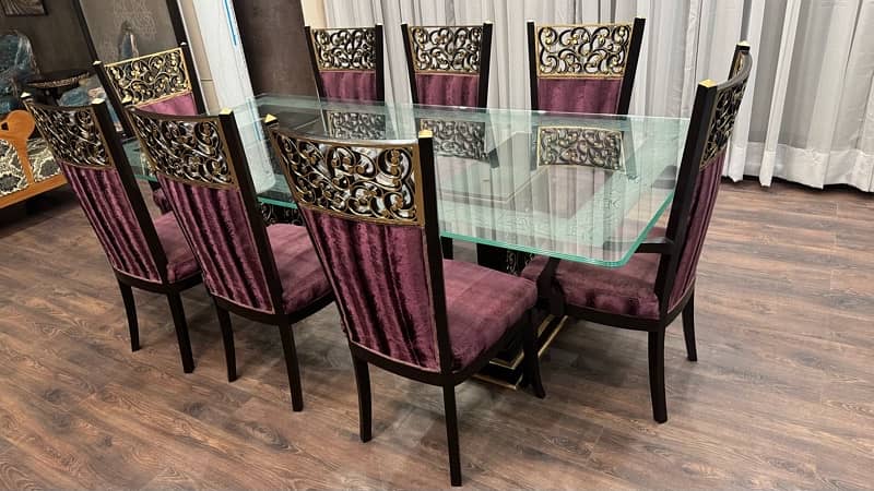 Glass table  wooden stylish 8 maroon chairs-"Elegant Glass Table Set 10