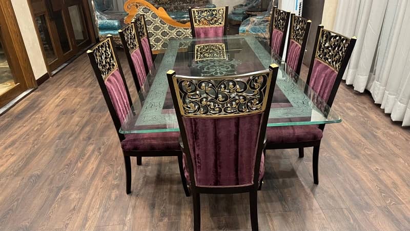 Glass table  wooden stylish 8 maroon chairs-"Elegant Glass Table Set 11