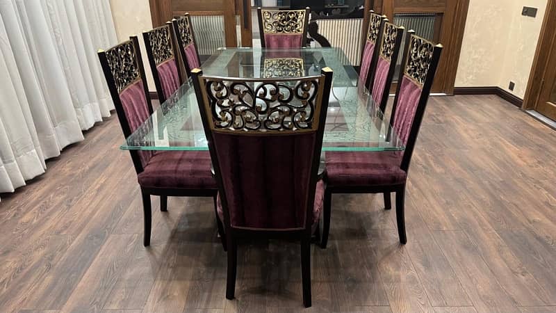 Glass table  wooden stylish 8 maroon chairs-"Elegant Glass Table Set 12