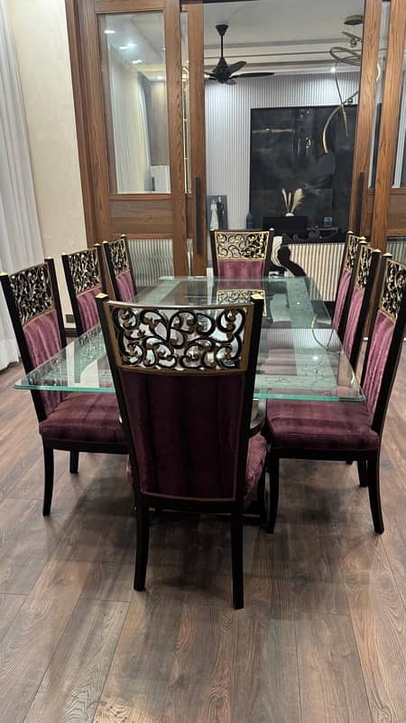 Glass table  wooden stylish 8 maroon chairs-"Elegant Glass Table Set 14