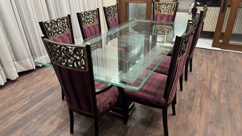 Glass table  wooden stylish 8 maroon chairs-"Elegant Glass Table Set 15