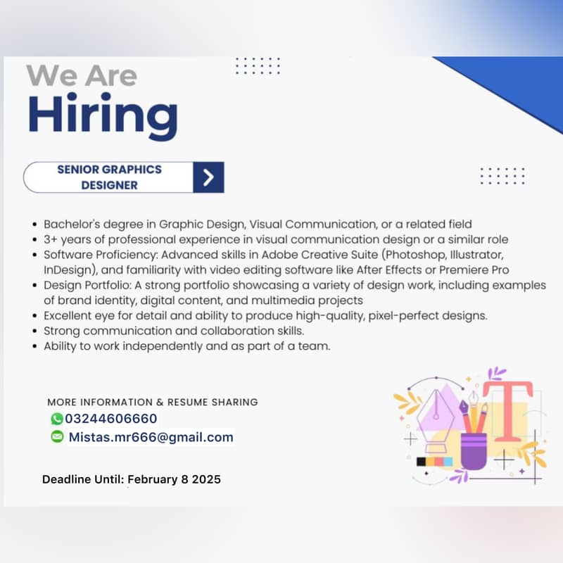 Graphic Designer / Video Editor Required Send your Cv 0