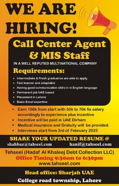 Call center agent and MIS staff required