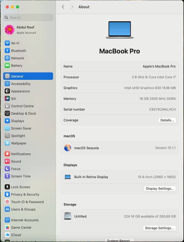 MacBook Pro 15.4" 16 GB Core i7 9