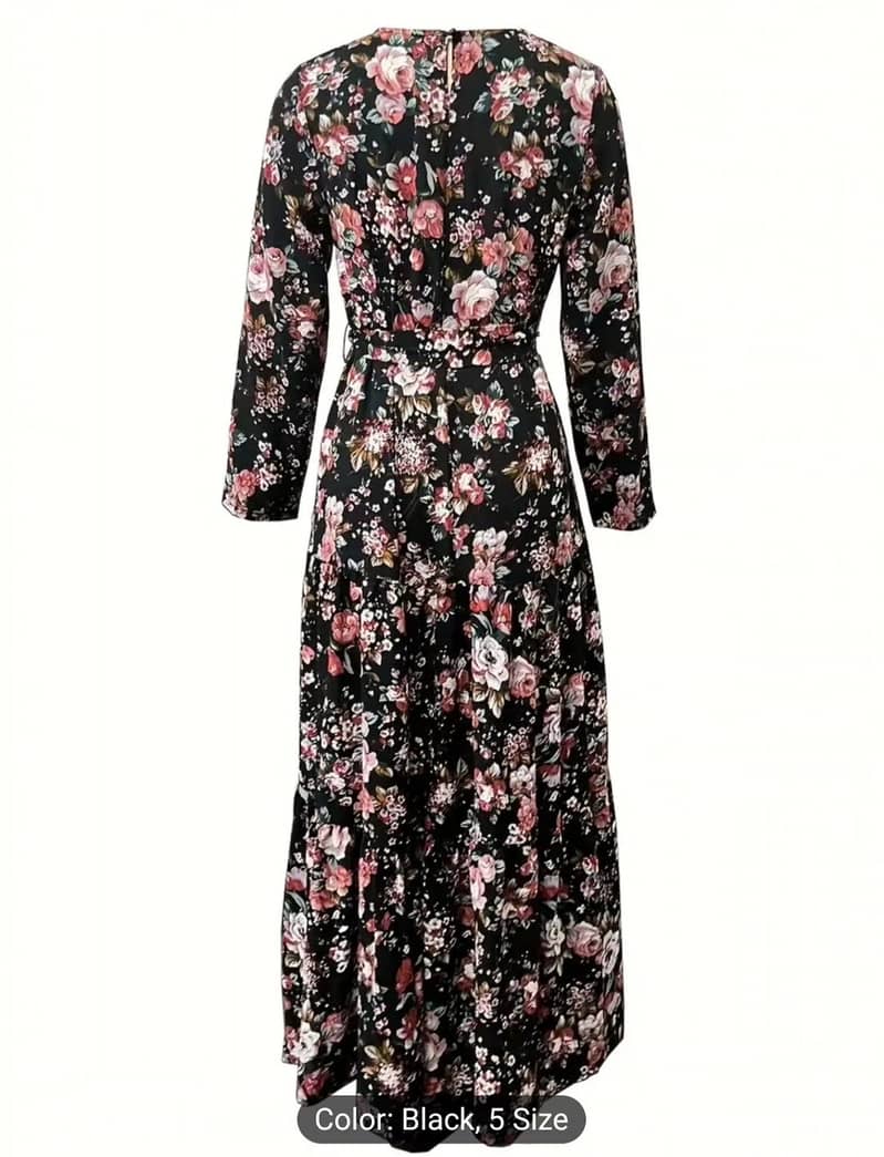 Floral Print Crew Neck Abaya & Elegant Floral Top & wide legs pants 1