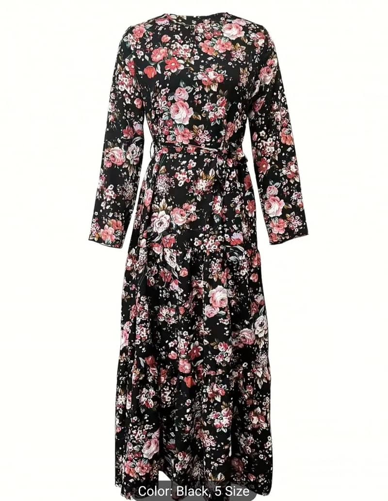 Floral Print Crew Neck Abaya & Elegant Floral Top & wide legs pants 2