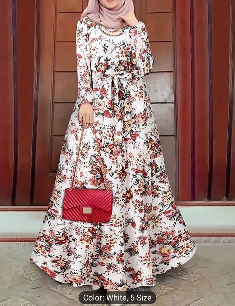 Floral Print Crew Neck Abaya & Elegant Floral Top & wide legs pants 3