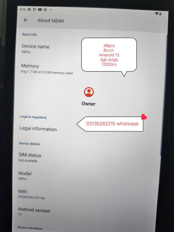 X8 pro Tablet 8 inch 3gb 64gb 5