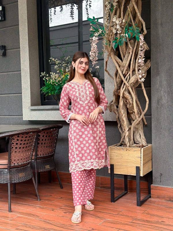 2 Pcs Women's Stitched Linen Embroidered Shirt and Trouser 03452347628 5